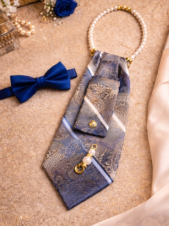 None Other - Blue Paisley Necktie with Pearl Handle and Gold Accents